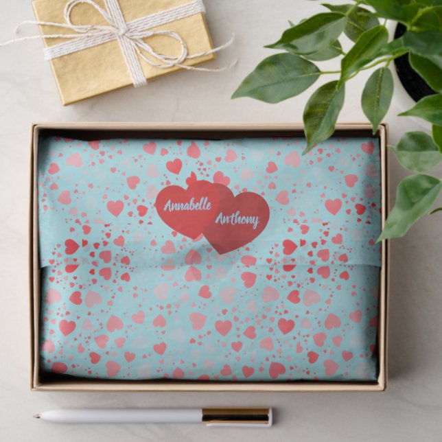 Cute Heart Pattern Aqua & Pink Red Name Tissue Paper (Gift)