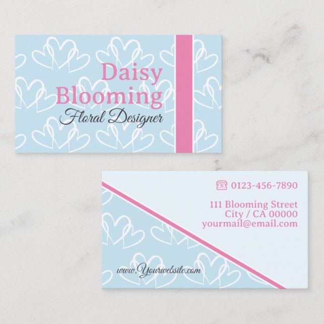 Cute Heart Pattern Pastel Pink Light Blue Florist Business Card (Front/Back)