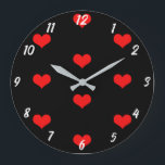 Cute Heart Pattern Red Custom Black Valentines Day Large Clock<br><div class="desc">Printed with cute red heart patterns on black custom color background! Customize as you wish.</div>