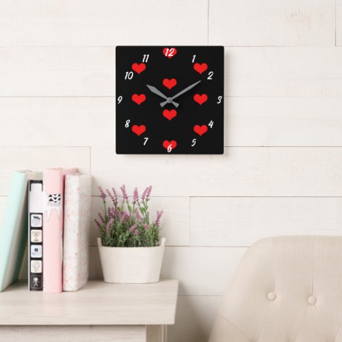 Cute Heart Pattern Red Custom Black Valentines Day Square Wall Clock