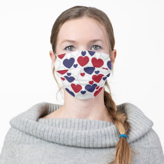 Cute Heart Pattern Red White Blue Adult Cloth Face Mask (Worn)