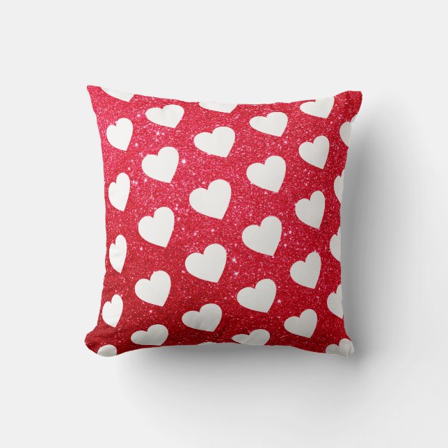 Cute Heart Pattern Red White Glitter Throw Pillow (Front)