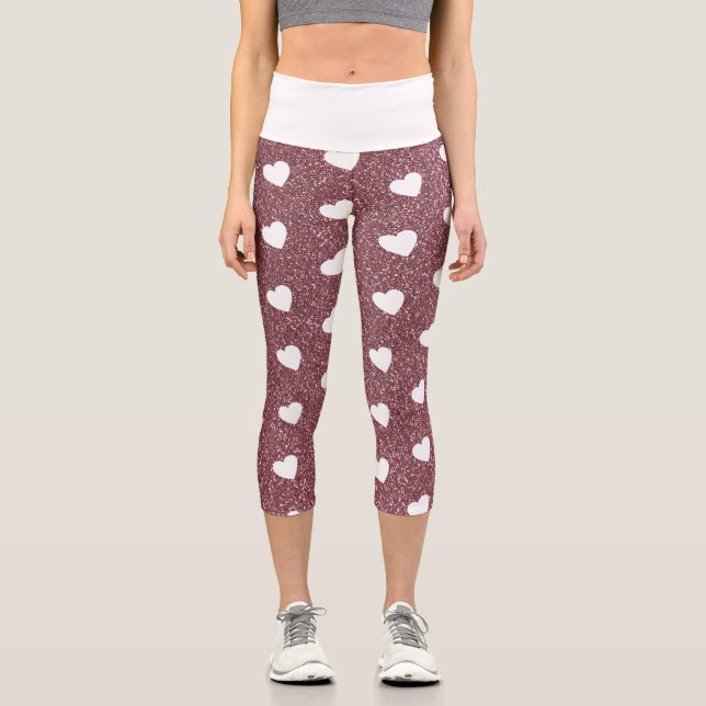 Cute Heart Pattern Rose Gold Glitter Capri Leggings (Front)
