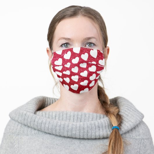 Cute Heart Pattern White Red Glitter Love Adult Cloth Face Mask (Worn)