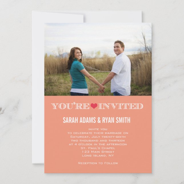 Cute Heart Peach Red Wedding Photo Invitations (Front)