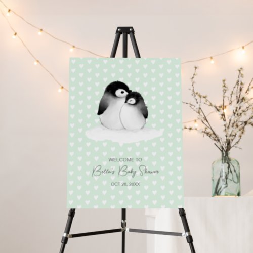 Cute Heart Penguin Mint Baby Shower Party Sign