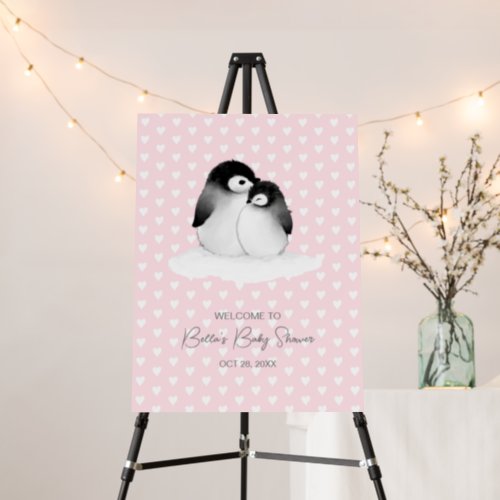 Cute Heart Penguin Pink Baby Shower Party Sign