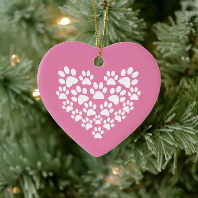 Cute Heart Pink Paw Print Ceramic Ornament (Tree)