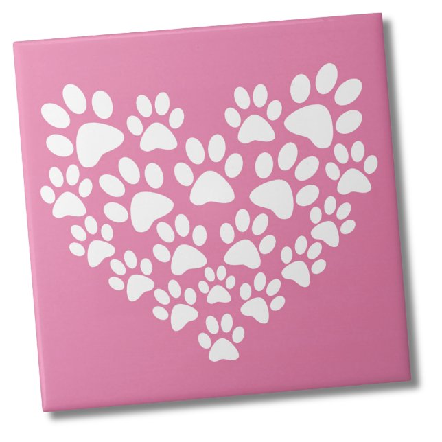 Cute Heart Pink Paw Print Ceramic Tile (Cute White Pink Paw Print Heart Ceramic Tile)