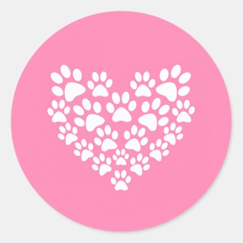 Cute Heart Pink Paw Print Classic Round Sticker