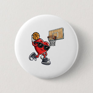 Cute Heart Playing Basketball Valentines Day Baske Button