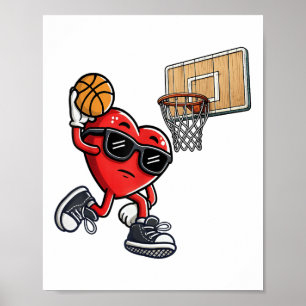 Cute Heart Playing Basketball Valentines Day Baske Poster