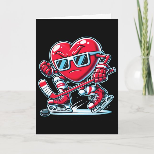 Cute Heart Playing Ice Hockey Valentine's Day Men  Card (Front)