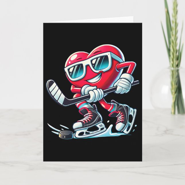 Cute Heart Playing Ice Hockey Valentine's Day Men  Card (Front)