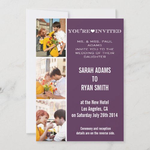 Cute Heart Purple Wedding Three Photo Invitation