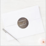 Cute Heart Script Brown Wood Rustic Wedding Classic Round Sticker<br><div class="desc">Cute love heart script rustic wedding stickers</div>