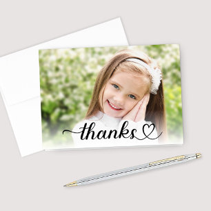 Cute Heart Script Kids Photo Folded Letterpress Thank You Card