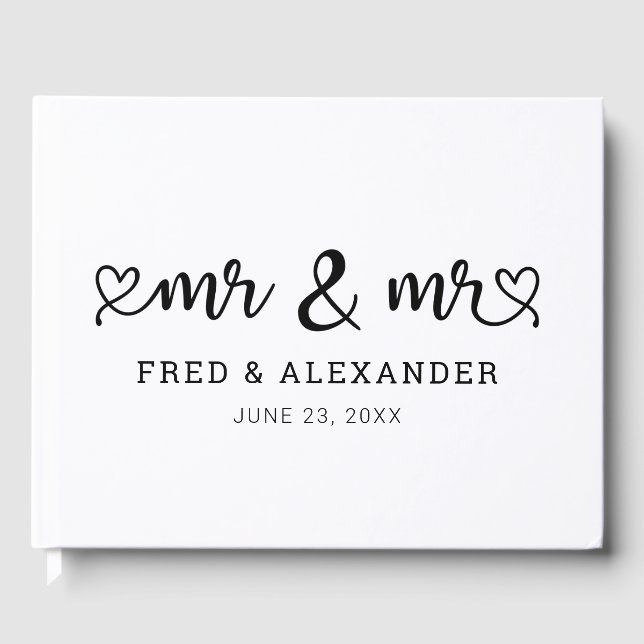 Cute Heart Script Mr & Mr Gay Wedding Guest Book (Front)