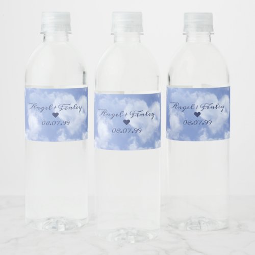 Cute Heart Shaped Cloud  Blue Sky Elegant Wedding Water Bottle Label