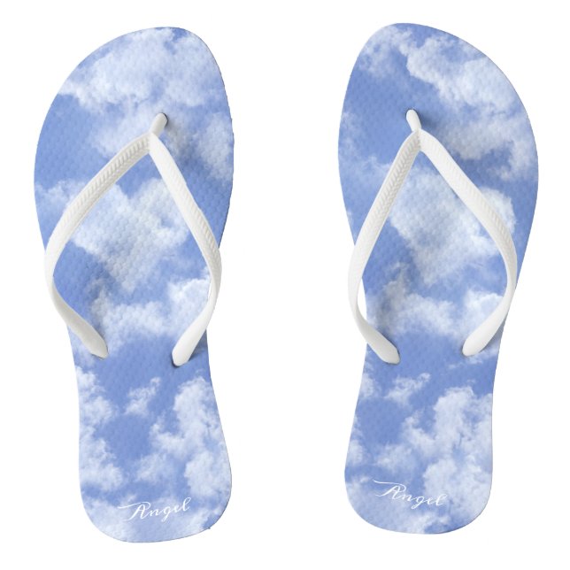 Cute Heart Shaped Cloud In Blue Sky Cheerful Happy Flip Flops (Footbed)