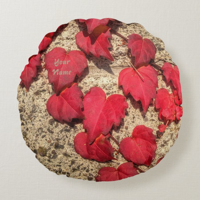 Cute Heart-Shaped Red Fall Vine Leaves Botanical Round Pillow Zazzle
