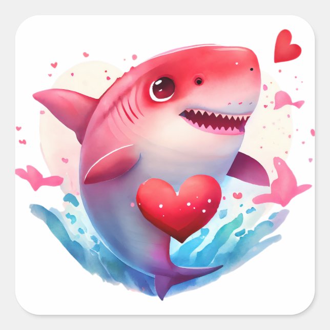 Cute Heart Shark Valentine Square Sticker (Front)