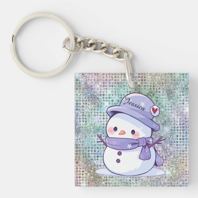 Cute Heart Snow Man Pastel Pattern Keychain (Front)