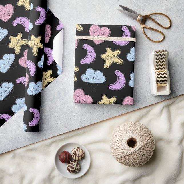 Cute Heart Star Moon Black Baby Shower Wrapping Paper (Crafts)