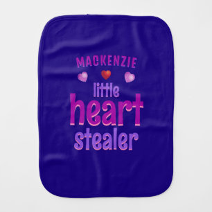 Cute Heart Stealer Purple Pink Text on DARK BLUE Baby Burp Cloth