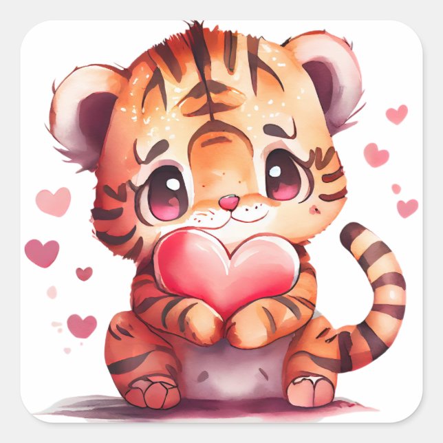 Cute Heart Tiger Valentine Square Sticker (Front)