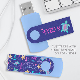 Cute heart turtle and seastars personalized Evelyn Flash Drive