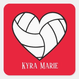 Cute heart volleyball sports add name square sticker