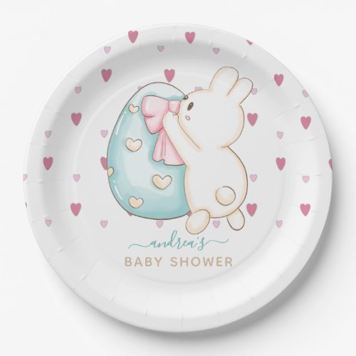 Cute Heart Watercolor Easter Egg Bunny Baby Shower Paper Plates