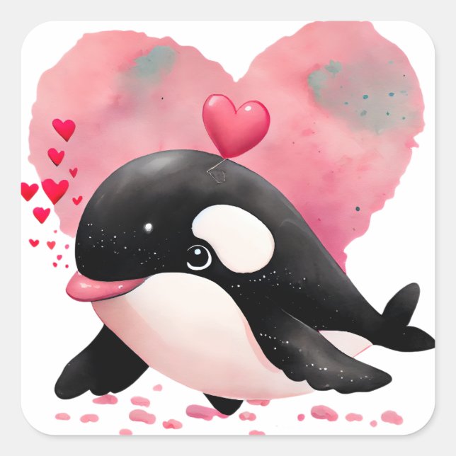 Cute Heart Whale Valentine Square Sticker (Front)