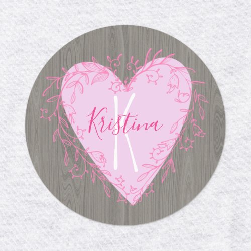 Cute Heart with Pink Floral Doodle Frame on Wood Kids Labels