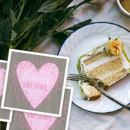 Cute Heart with Pink Floral Doodle Frame on Wood