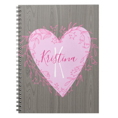 Cute Heart with Pink Floral Doodle Frame on Wood Notebook