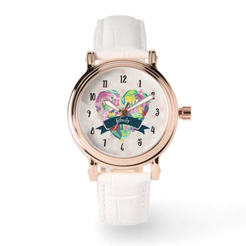 Cute Heart with Tropical Flowers Personalized Watch