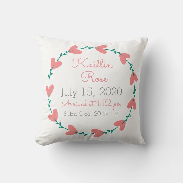 Cute Heart Wreath Baby Birth Announcement Throw Pillow (Front)