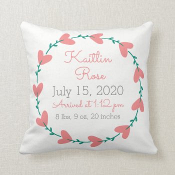 Cute Heart Wreath Birth Announcement Throw Pillow by kool27 at Zazzle
