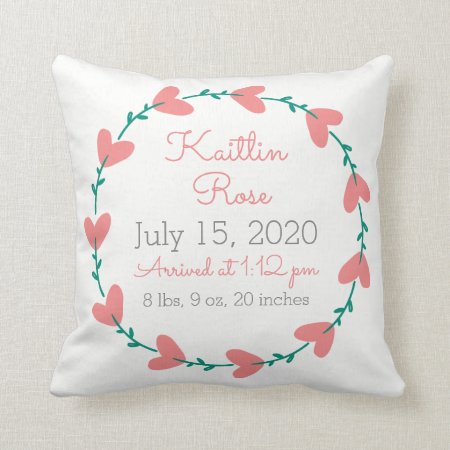 Cute Heart Wreath Birth Announcement Throw Pillow