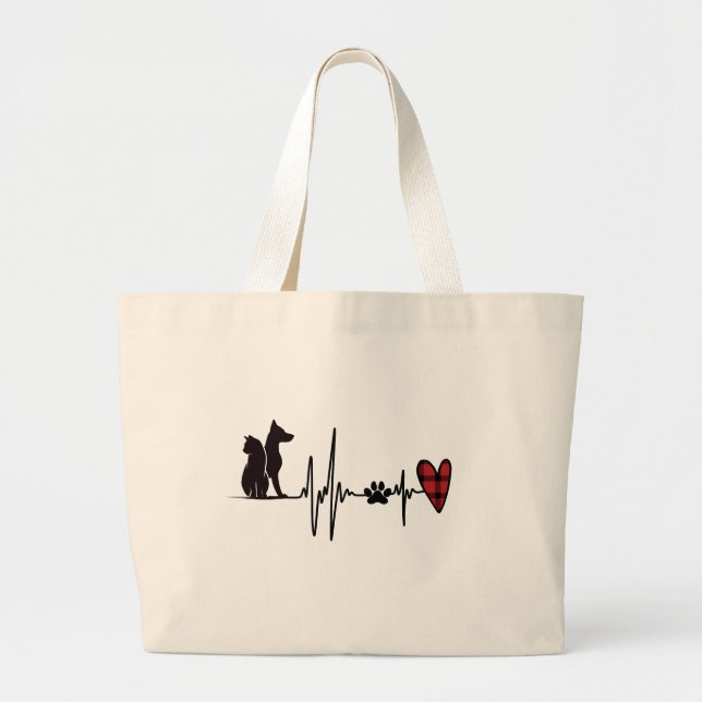 Cute Heartbeat I Love Cat and Dog Red Heart Large Tote Bag (Front)