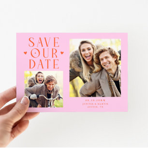 Cute Hearts 2-Photo Orange Pink Wedding Save The Date