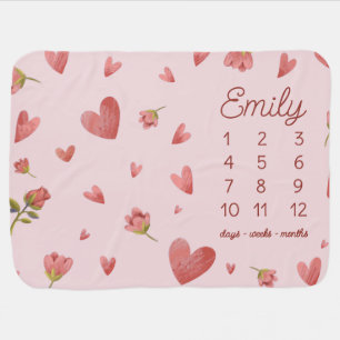 Cute Hearts And Flowers Baby Milestone I Blanket