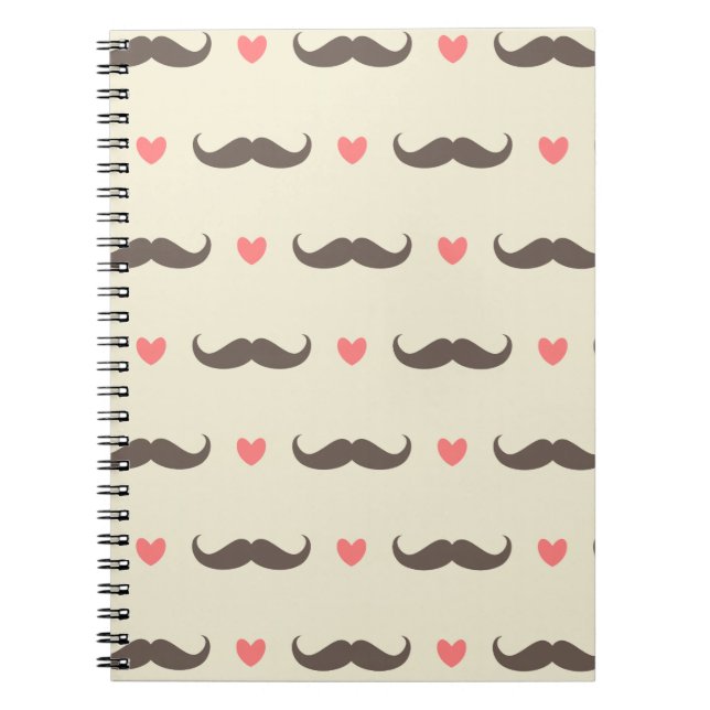 Cute Hearts and Mustache Hipster Pattern Notebook (Front)