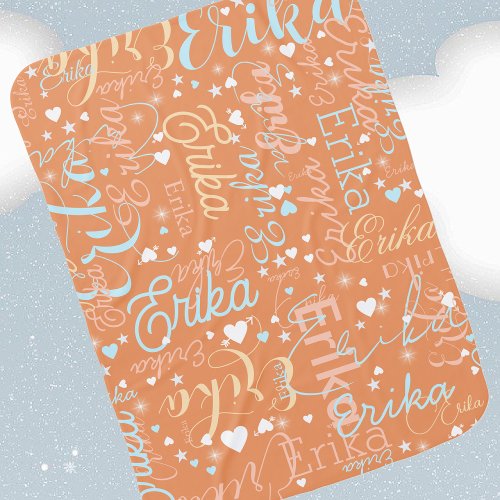 Cute Hearts and Stars with Name on Apricot  Baby Blanket