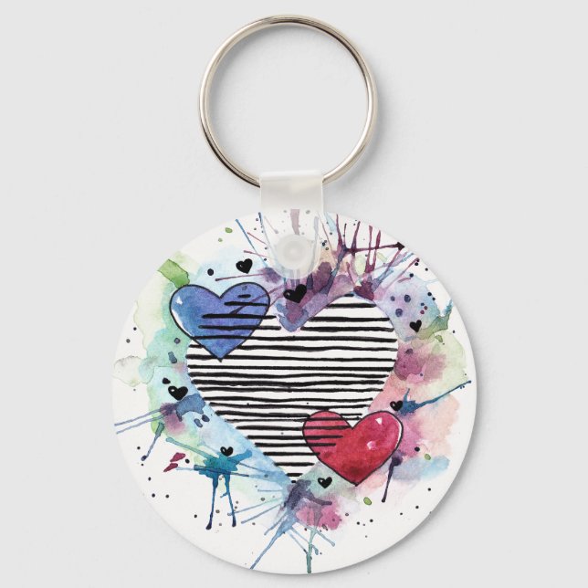 Cute Hearts And Washes In Watercolor  Keychain (Front)