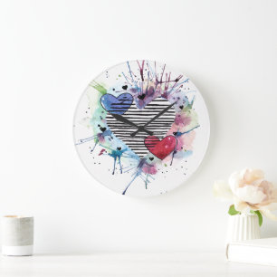 Cute Hearts And Washes In Watercolor   Large Clock