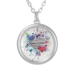 Cute Hearts And Washes In Watercolor Silver Plated Necklace