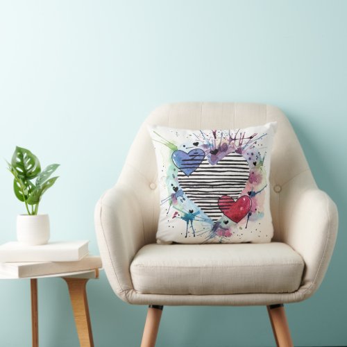 Cute Hearts And Washes In Watercolor  Throw Pillow